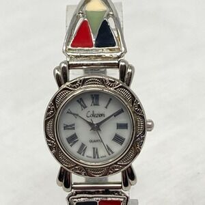 Collezio Watch Women 25mm Silver Tone Southwest Enamel Stretch New Battery 6.25"